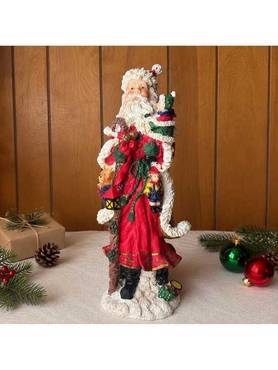 Vintage Other - Vintage Christmas Santa Figurine With Children Toys Wreath 11 Hand Painted Resin